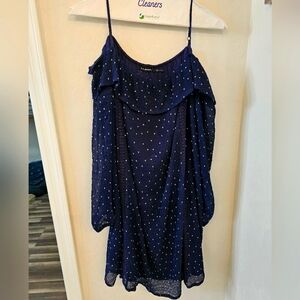 Navy Blue Off-Shoulder Dress with Silver Dots